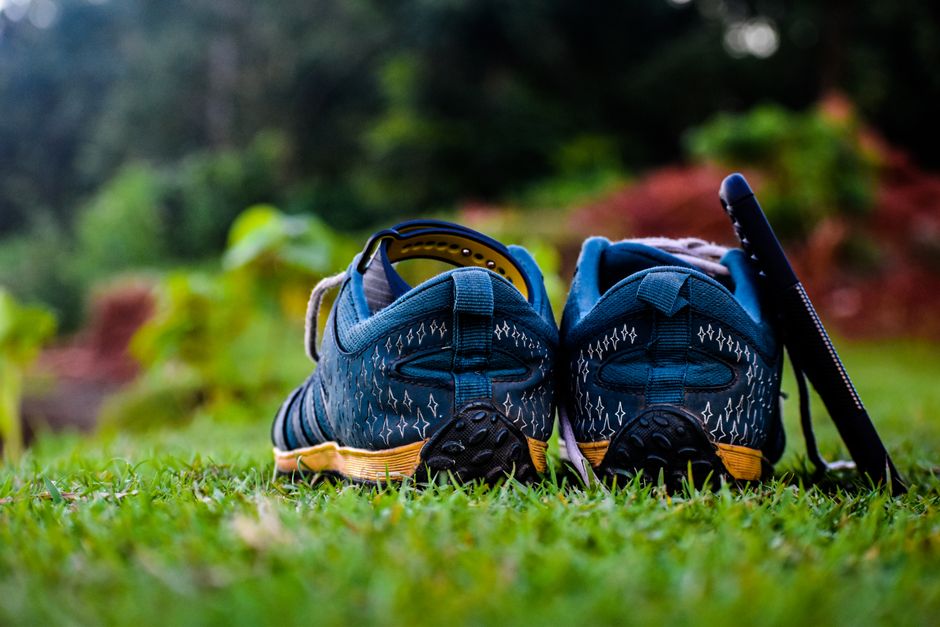 Blue sneakers resting on green grass with lush surroundings in India.