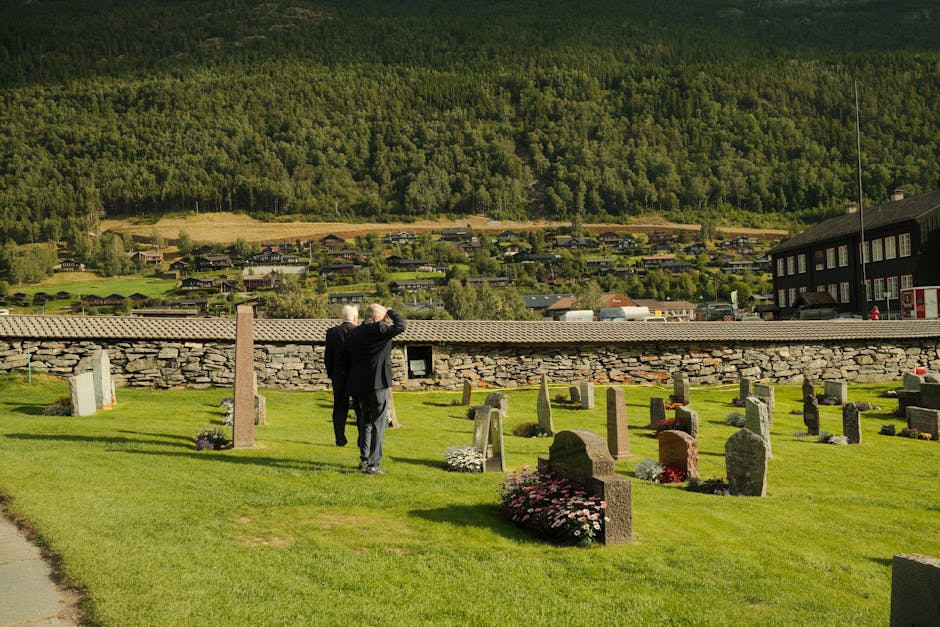 Two men in a peaceful cemetery set against a lush landscape backdrop.